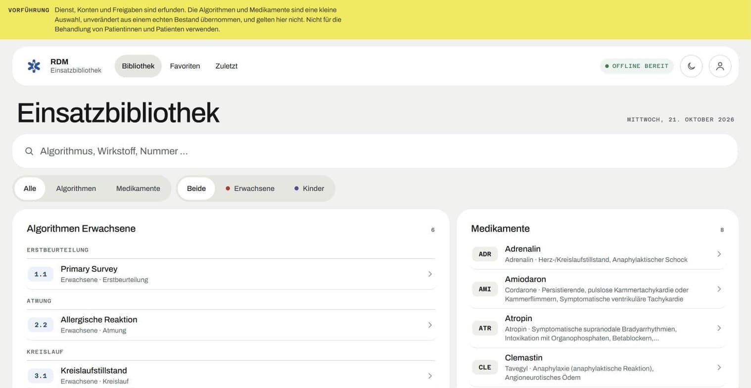 Startseite der Bibliothek mit Suchfeld, Filtern und den Listen der Algorithmen und Medikamente