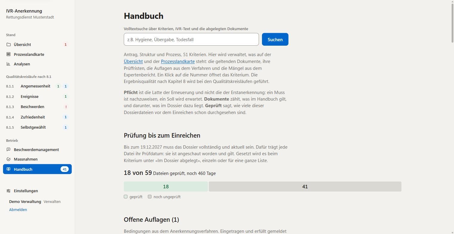 Handbuchseite mit dem Prüfstand der Dossierdateien