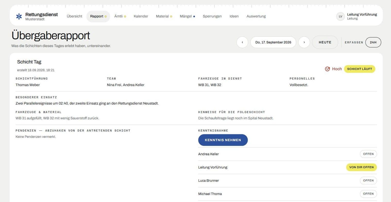 Übergaberapport eines Tages mit Schichtführung, Fahrzeugen, Hinweisen für die Folgeschicht und der Kenntnisnahme
